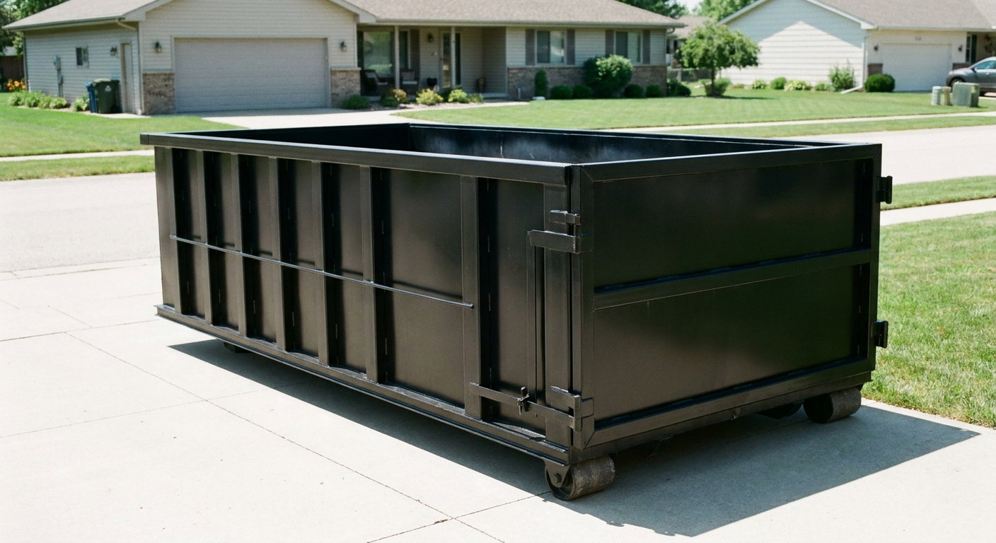 Matte-black 10-yard roll-off dumpster on a residential concrete driveway in Chino, uniformly painted matte black across every panel and rail, ribbed steel sidewalls and rear swing door visible, mid-day daylight.