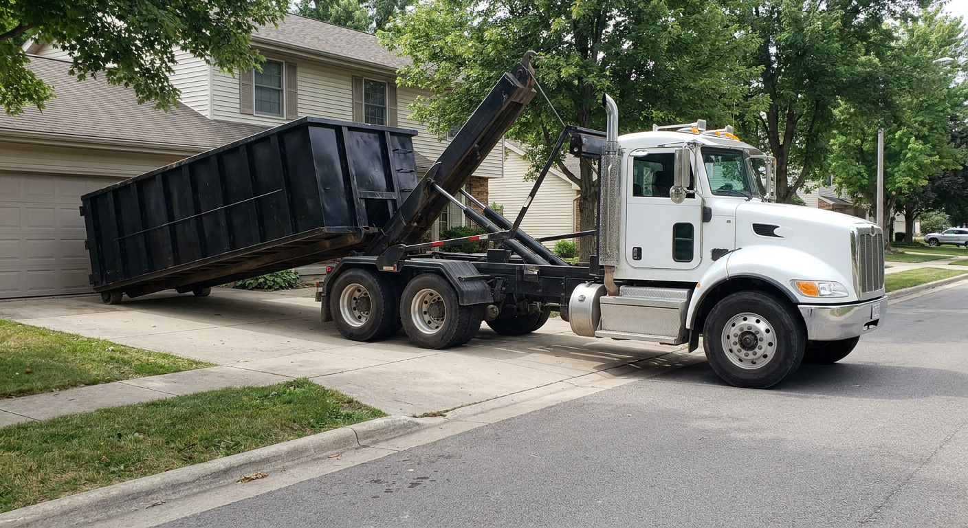 White-cab hooklift roll-off truck actively lowering a matte-black dumpster onto a Chino residential concrete driveway, the dumpster's rear wheels touching the driveway as the hoist arm tilts the bed forward, mid-morning daylight.